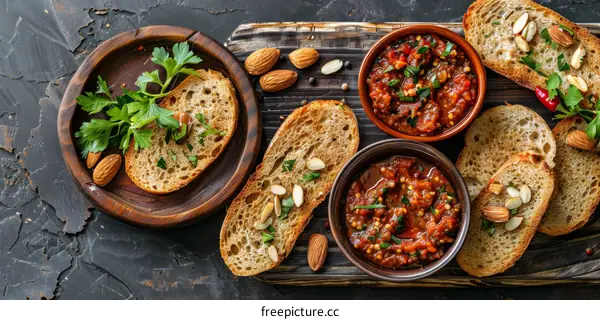 Various Bruschettas with Fresh Vegetables and Herbs on a Board