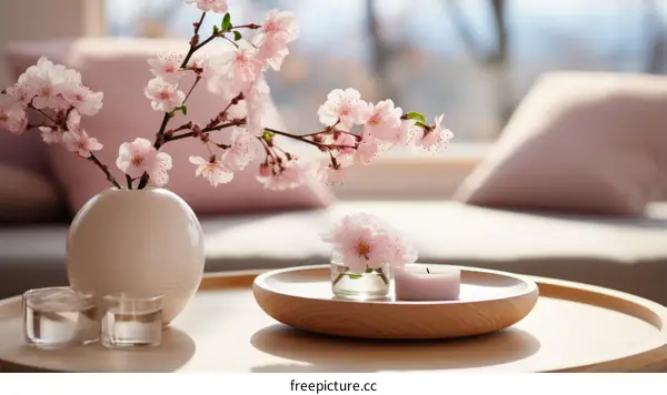 Still life of a vase of cherry blossoms on a table