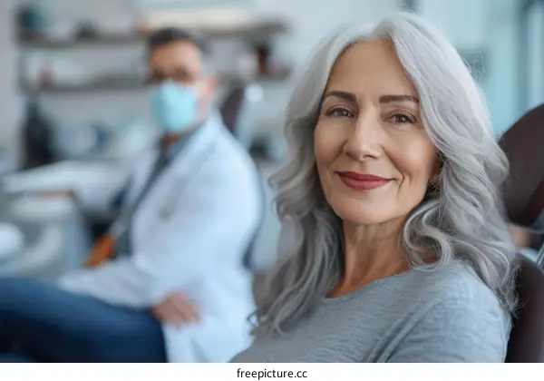 Smiling senior woman sitting in dentist chair with doctor in background