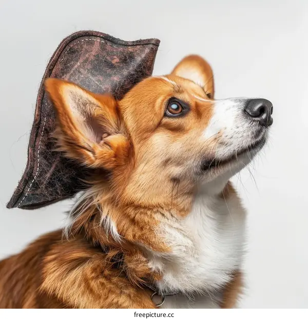 A cute corgi dog wearing a pirate hat