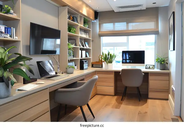 Two people working in a modern home office