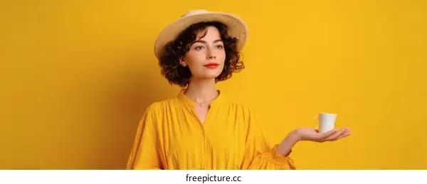 Woman in Yellow Dress Holding a Small Cup against a Solid Yellow Background