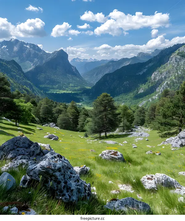 mountain valley landscape with rocks and trees