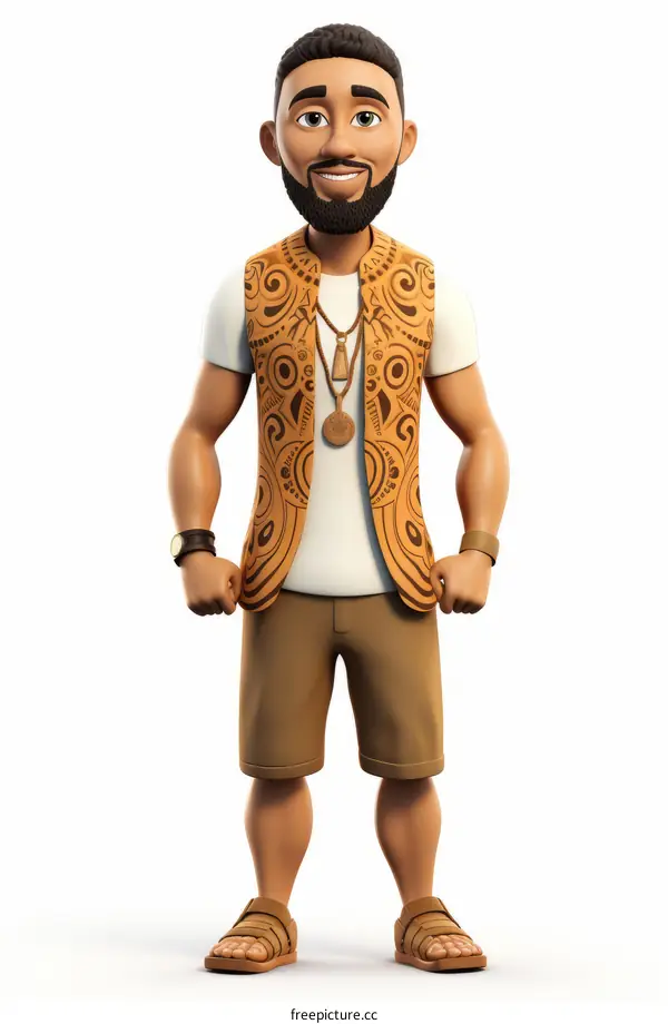 A Polynesian man wearing a traditional vest and shorts