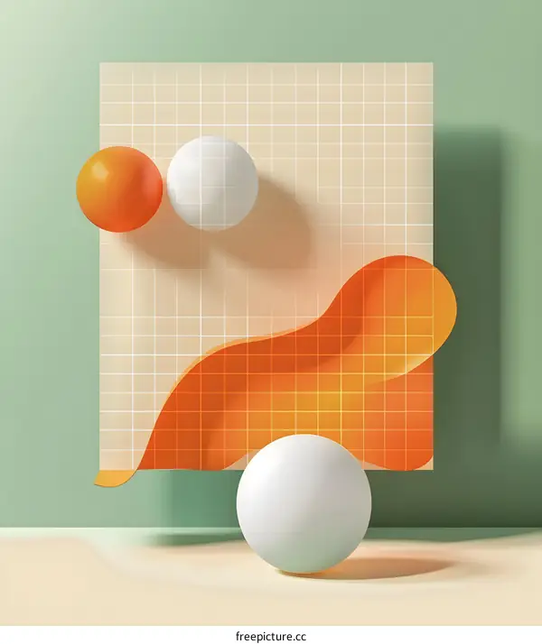 Abstract Minimalist 3D Design with Orange and White Spheres on a Grid Background
