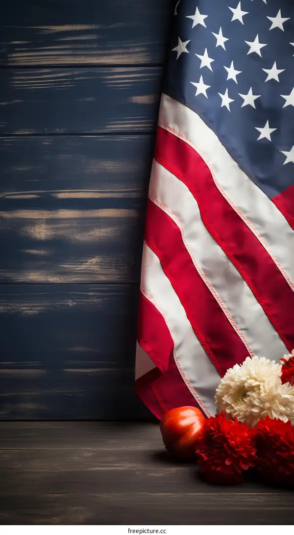 American flag with red and white flowers