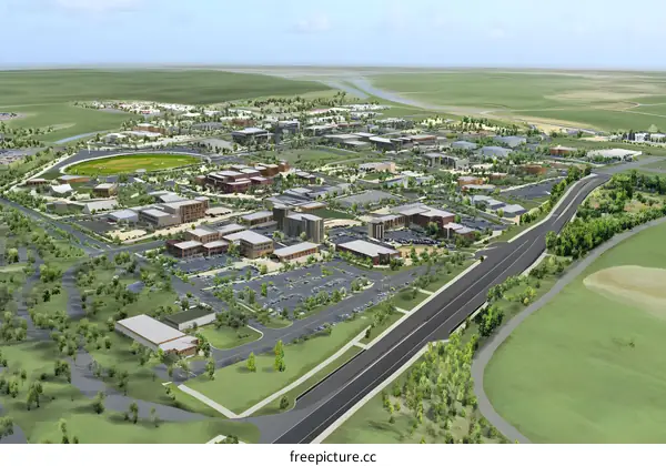 Aerial View of a Town with Buildings and Roads