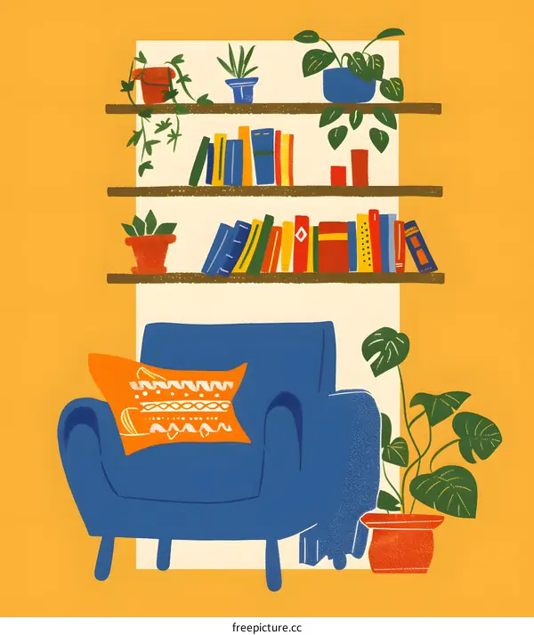 Colorful Armchair and Bookshelves with Plants Illustration