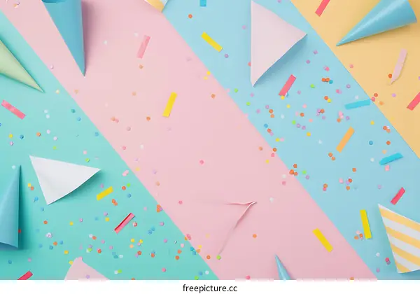 Colorful Confetti and Party Hats on Pastel Background