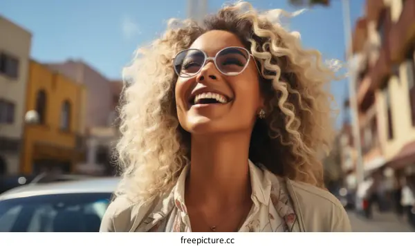 Portrait of a beautiful young blonde woman smiling happily in the street