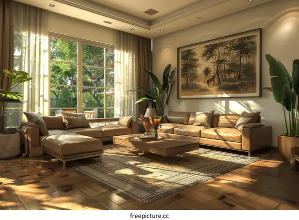 Airy and Spacious Living Room with Large Windows and Plants