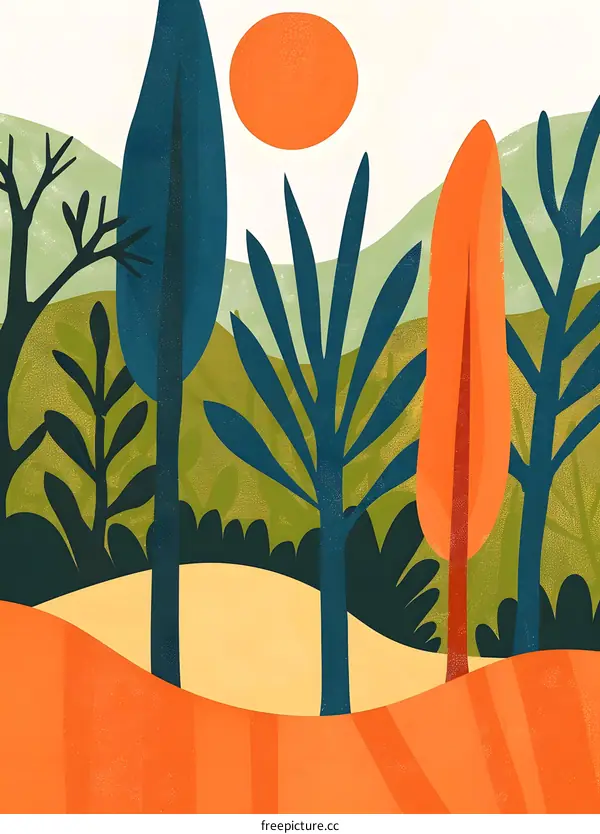 Abstract Illustration of Trees and Sun
