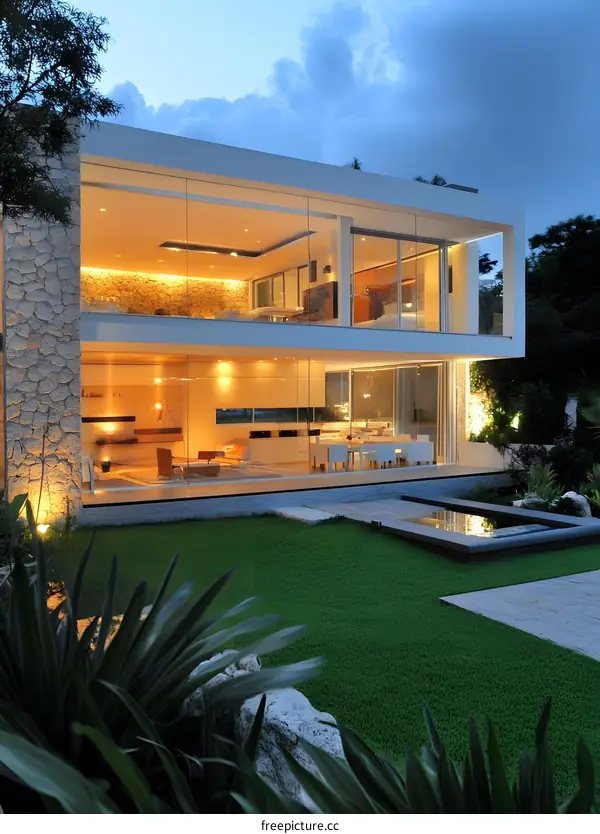 Modern Glass House with Stone Walls and Green Lawn