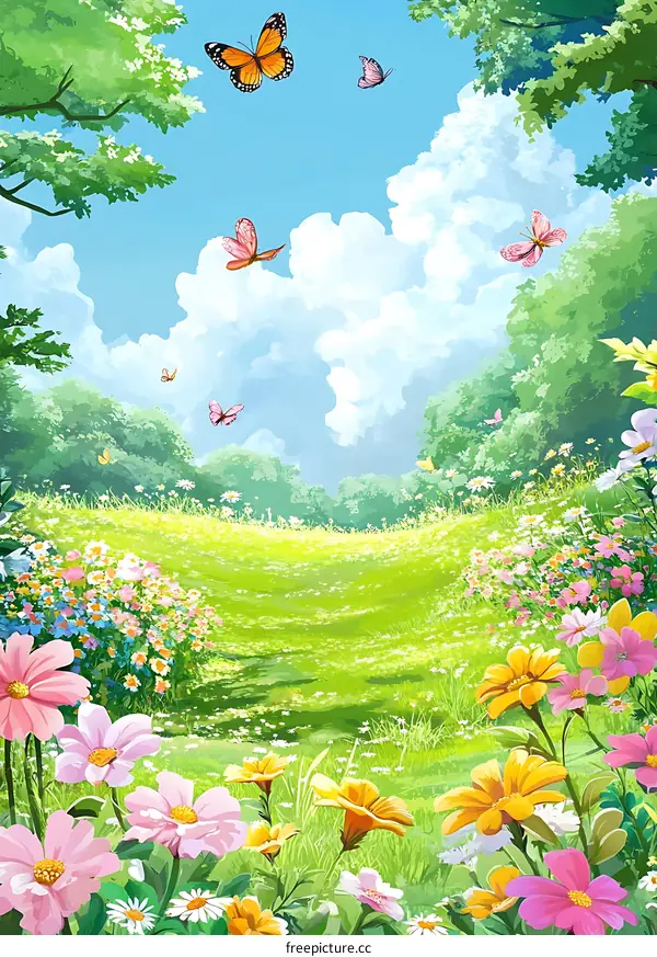 Spring Meadow with Butterflies and Flowers