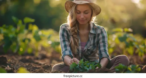 Young caucasian woman planting seedlings in the garden