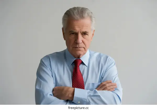 Serious middle-aged man in formal attire with arms crossed