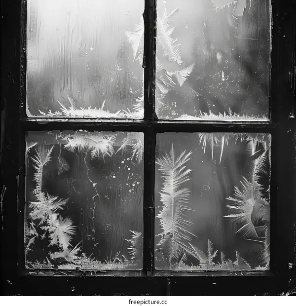 Black and white photo of frost on a window