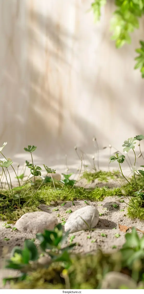 Green Plants and Stones on a Sandy Background
