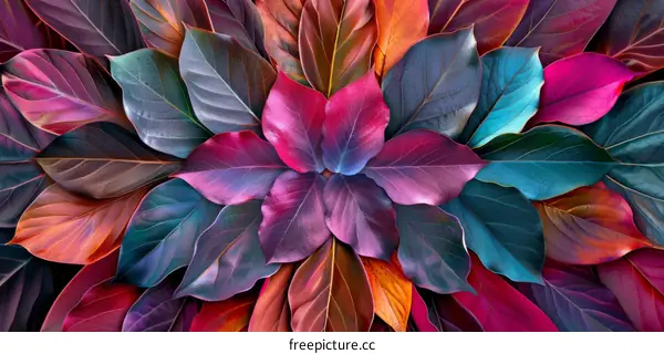 Colorful leaves background with pink flower in the center