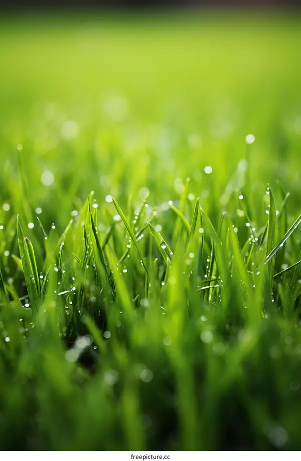 Close-up of green grass with dew drops