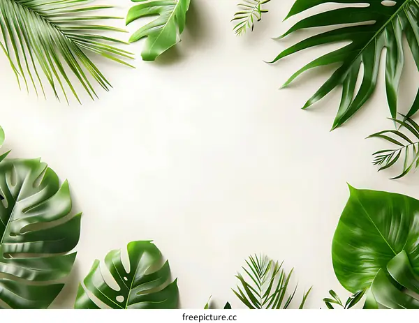 Green Tropical Leaves Frame White Background