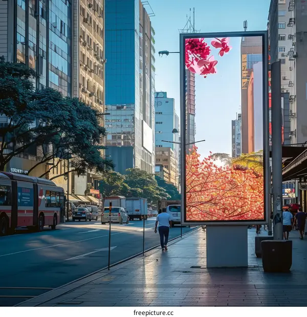 A man walking past a billboard with cherry blossoms on it