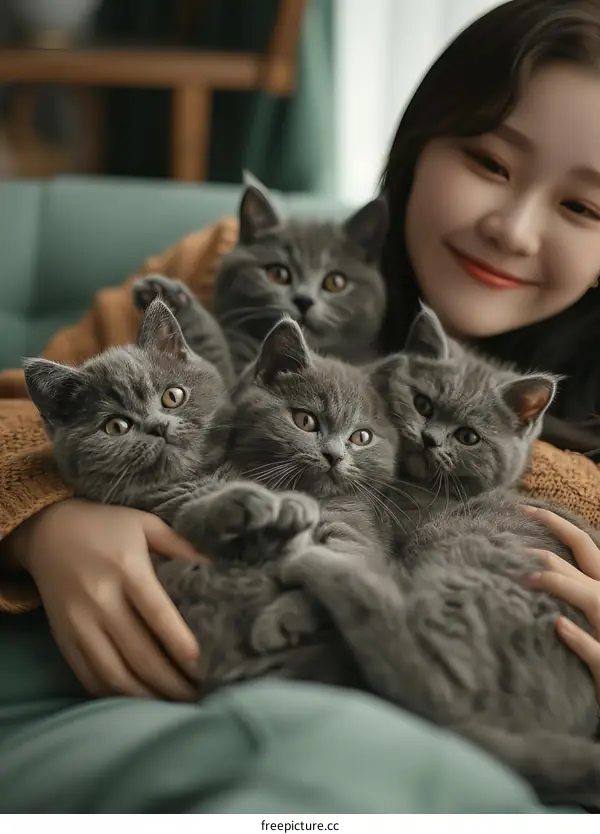 Woman Holding Grey Kittens Closely