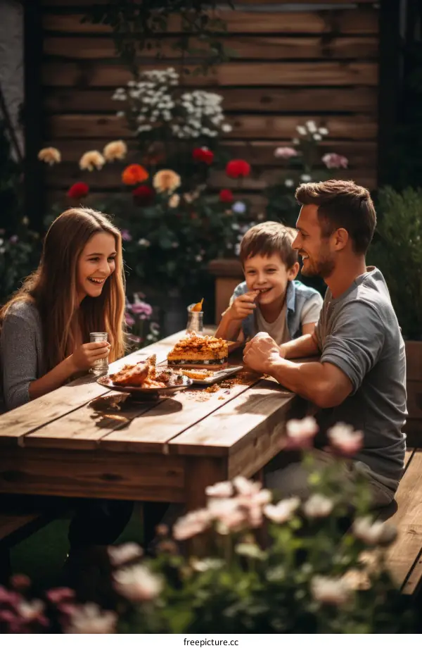 Happy family of three eating together at a wooden table in the garden