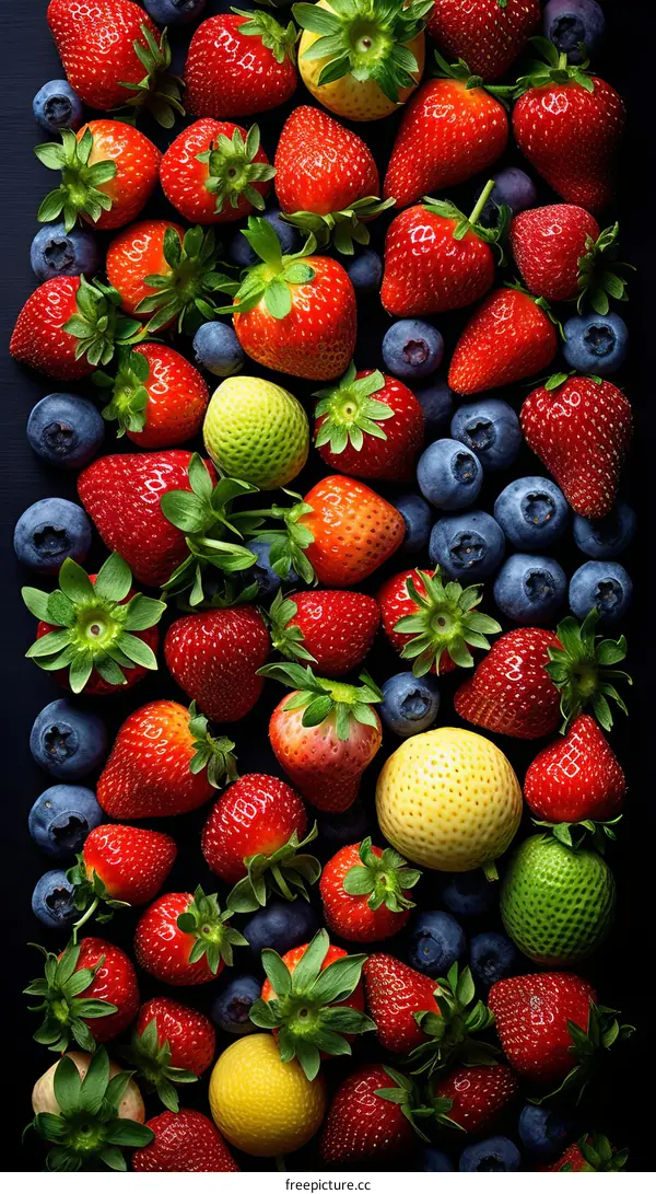 A variety of strawberries and blueberries