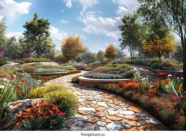 Autumn Garden Landscape with Trees, Flowers, and Sunlight