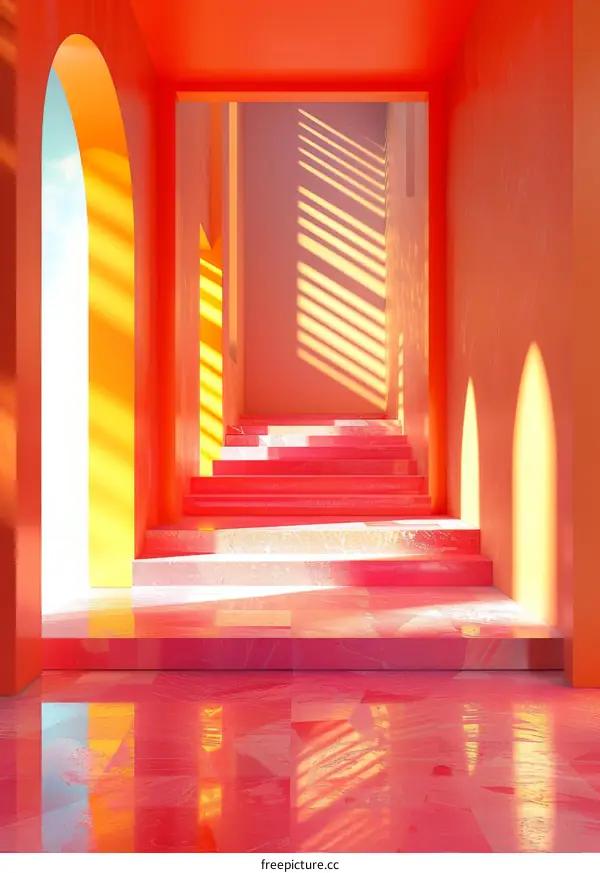 Surreal Minimalist Space with Pink and Orange Stairs and Arches