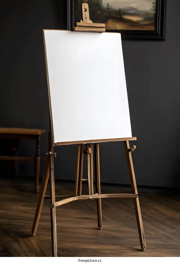 Wooden Easel with Blank Canvas in Studio Setting
