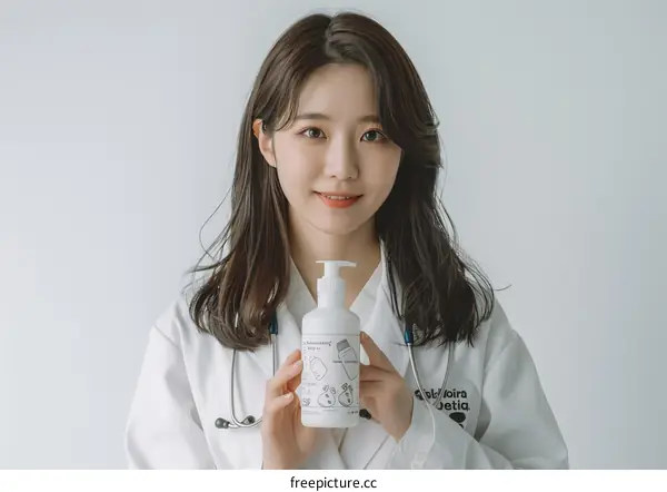 A female doctor in a white coat is holding a bottle of hand sanitizer.