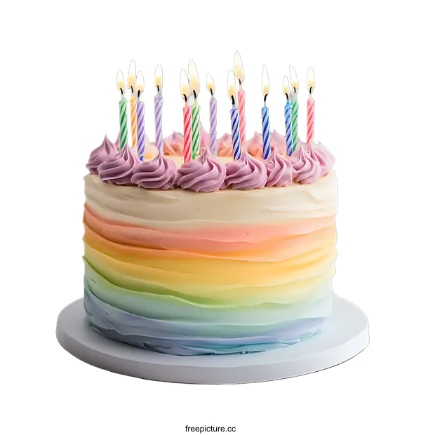 [Transparent Background PNG]Rainbow Cake with Lit Candles for Birthday Celebration