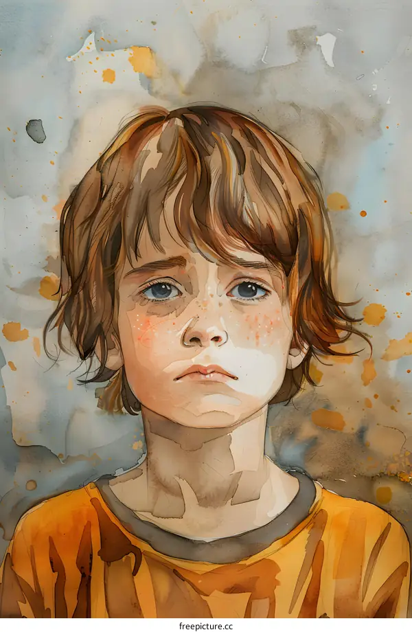 Watercolor Portrait of a Young Boy with Sad Eyes