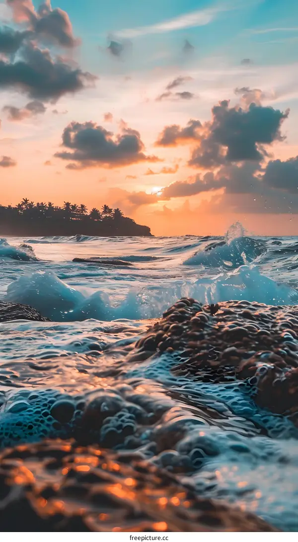 Ocean Waves Crashing on Rocky Shore at Sunset