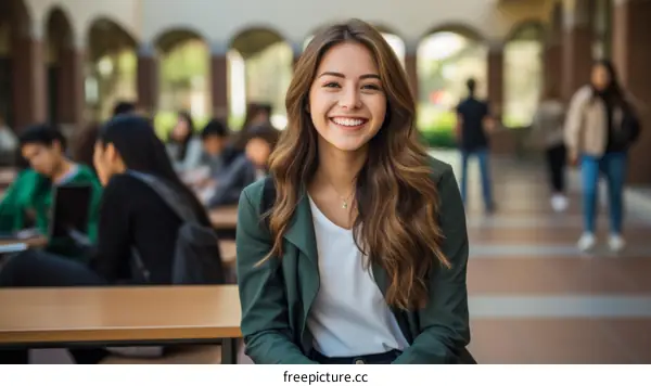 Smiling young woman sitting on a bench on a college campus
