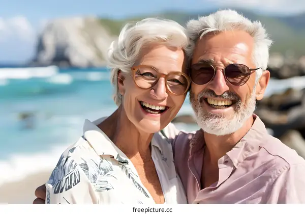 Smiling Senior Couple in Love on Beach Vacation