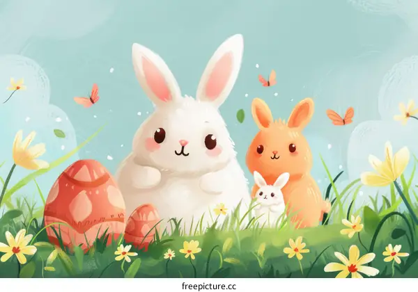 Three Cute Rabbits Play in a Field of Flowers and Easter Eggs