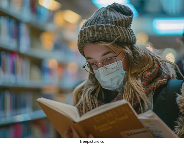 Focused young woman wearing a face mask reading a book in a library