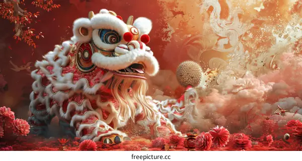 Chinese New Year Lion Dance with Red and Gold Festive Decorations