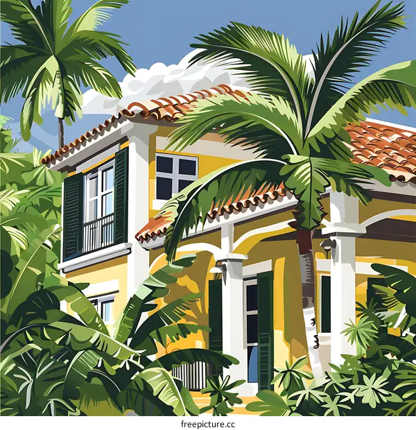 Tropical Villa with Palm Trees