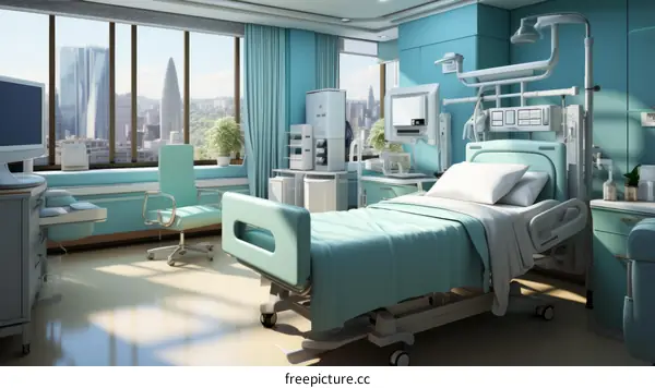 A hospital room with a bed, chair, and medical equipment