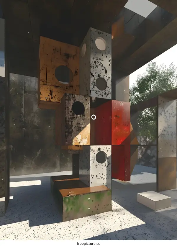 Abstract  Art with Rusty Metal Cubes in an Architectural Space