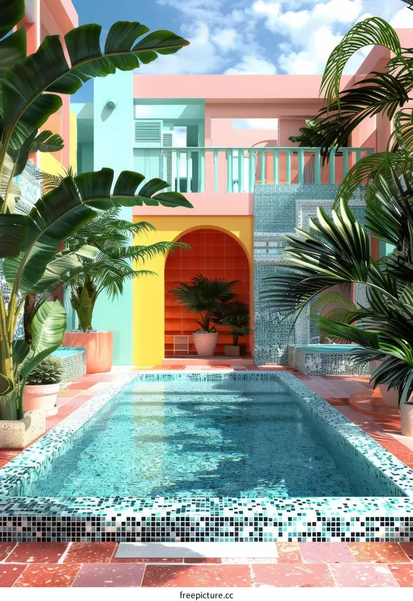 Courtyard with swimming pool in a colorful Mediterranean style