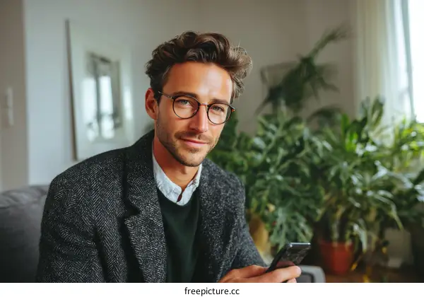 A man in casual coat holding smartphone in cozy indoor