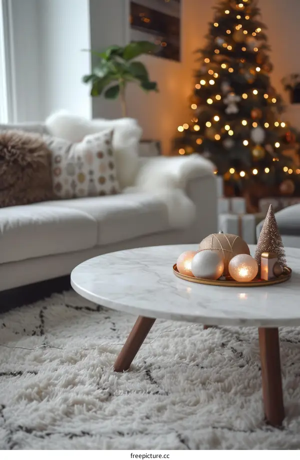 Ornaments and a Christmas tree in a living room
