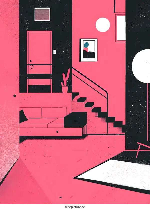 Modern Minimalist Interior Design Illustration With Pink and Black Color Scheme