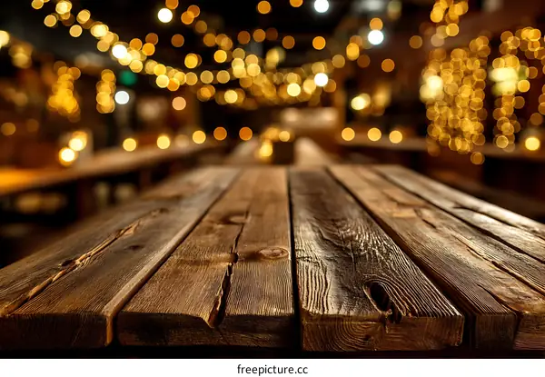 Rustic Wooden Tabletop with Festive Bokeh Lights