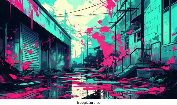 A colorful illustration of an alleyway with graffiti and puddles of water
